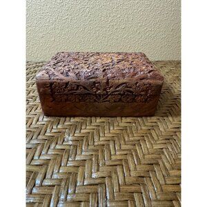 Hand-Carved Wooden Jewelry Trinket Box With Floral Design Red felt Interior